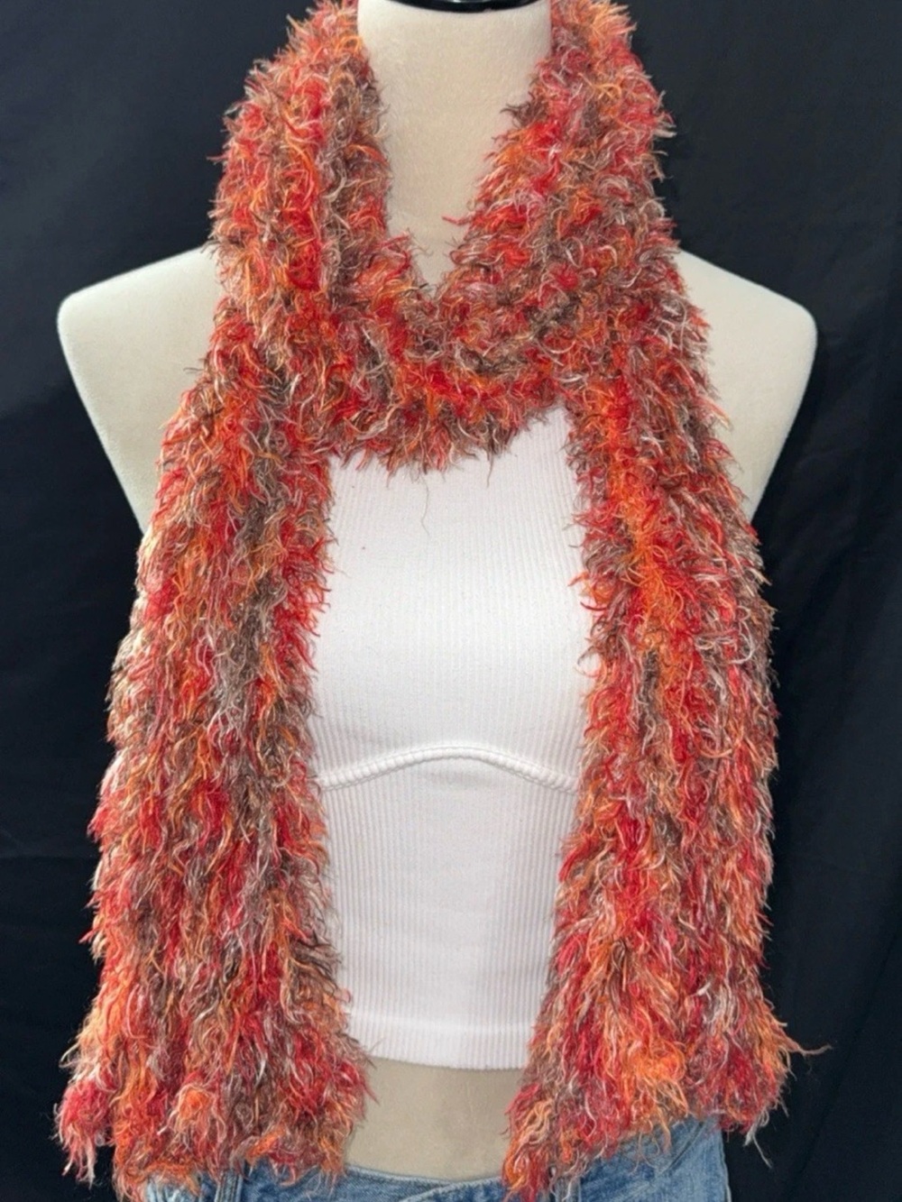 Fuzzy Multicolor Knit Scarf - Orange, Brown & Cream